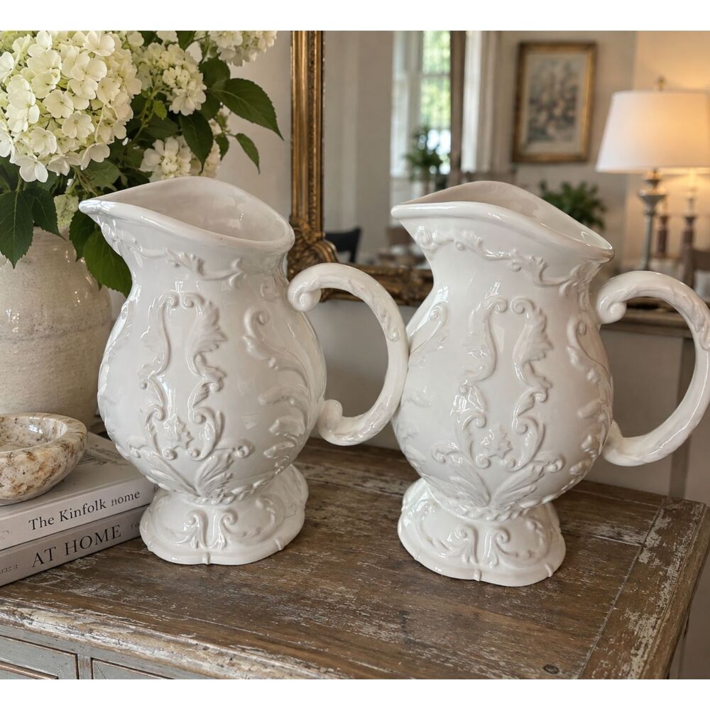 Pair of Ornate White Ceramic Pitchers Ewers | French Country Cottage Vintage Sty